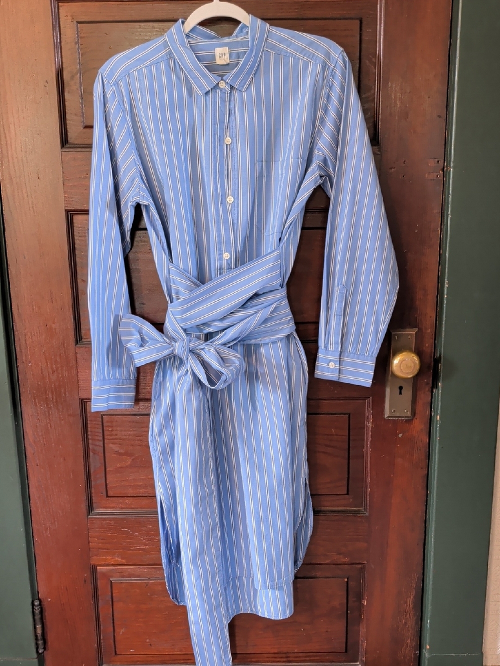 Blue and White Preppy Striped Mens wear Long Sleeve Shirt Dress with Self Tie M